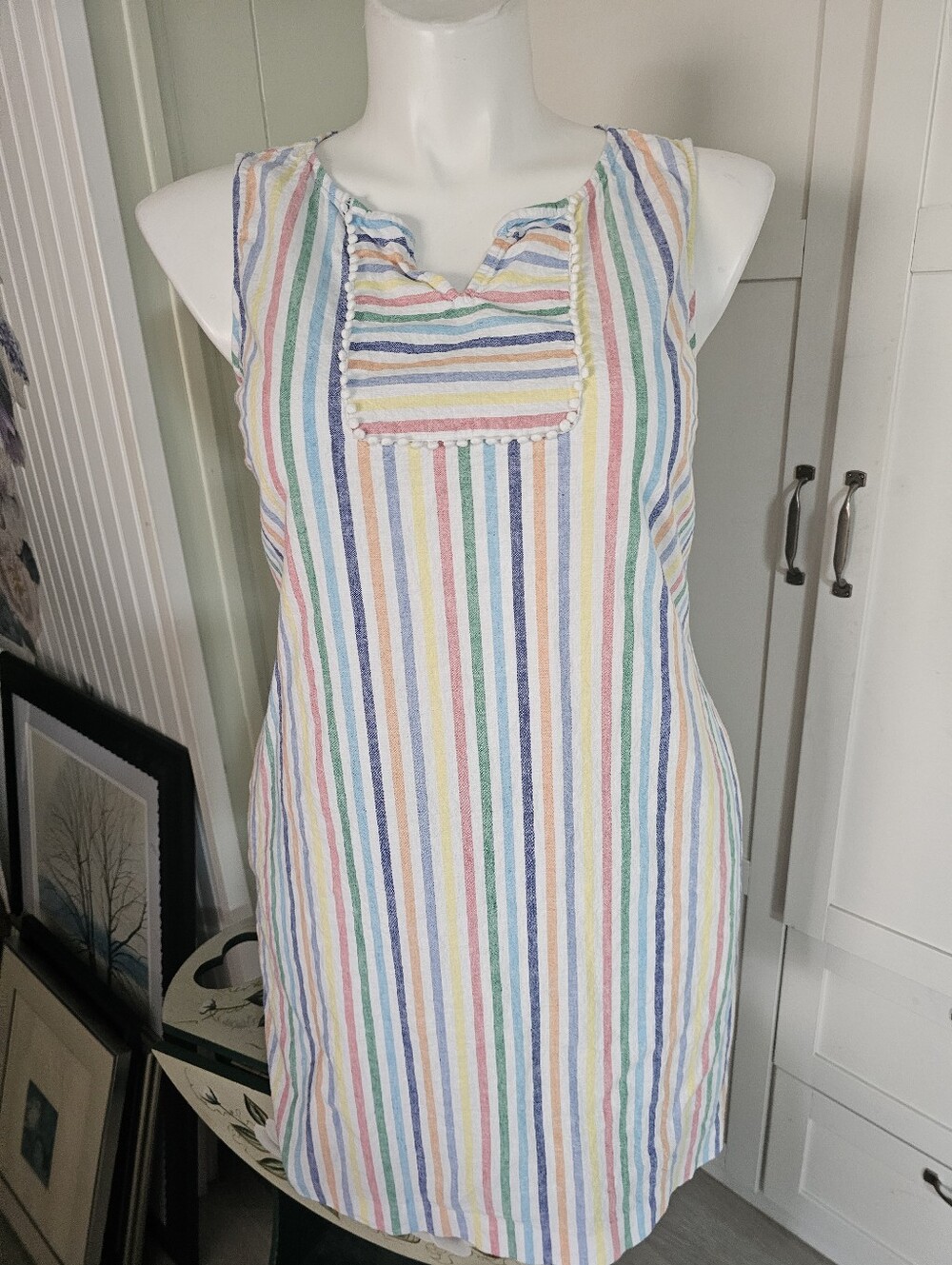 Talbots Petite Shift Dress 14P Fits Like 10 12 Rainbow Pastel Stripe Linen